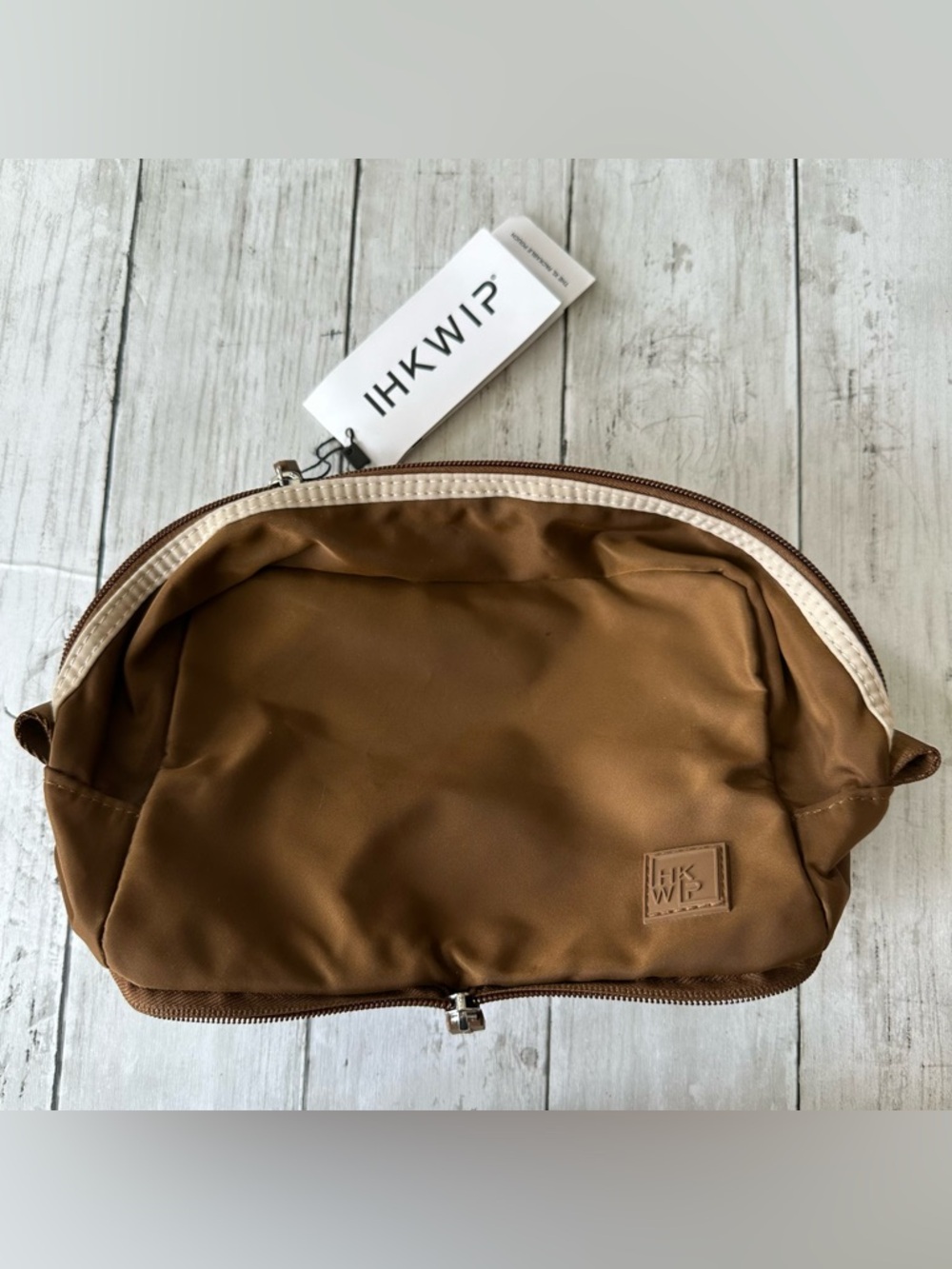 NEW WITH TAGS IHKWIP BROWN XL PACKABLE COSMETIC BAG ZIP TOP